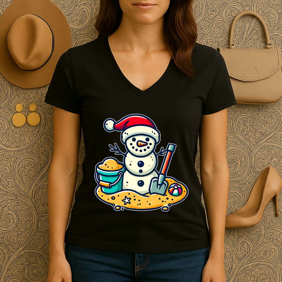 Christmas In July Sand Snowman Santa Hat Shovel Xmas Beach Women's V-Neck T-Shirt