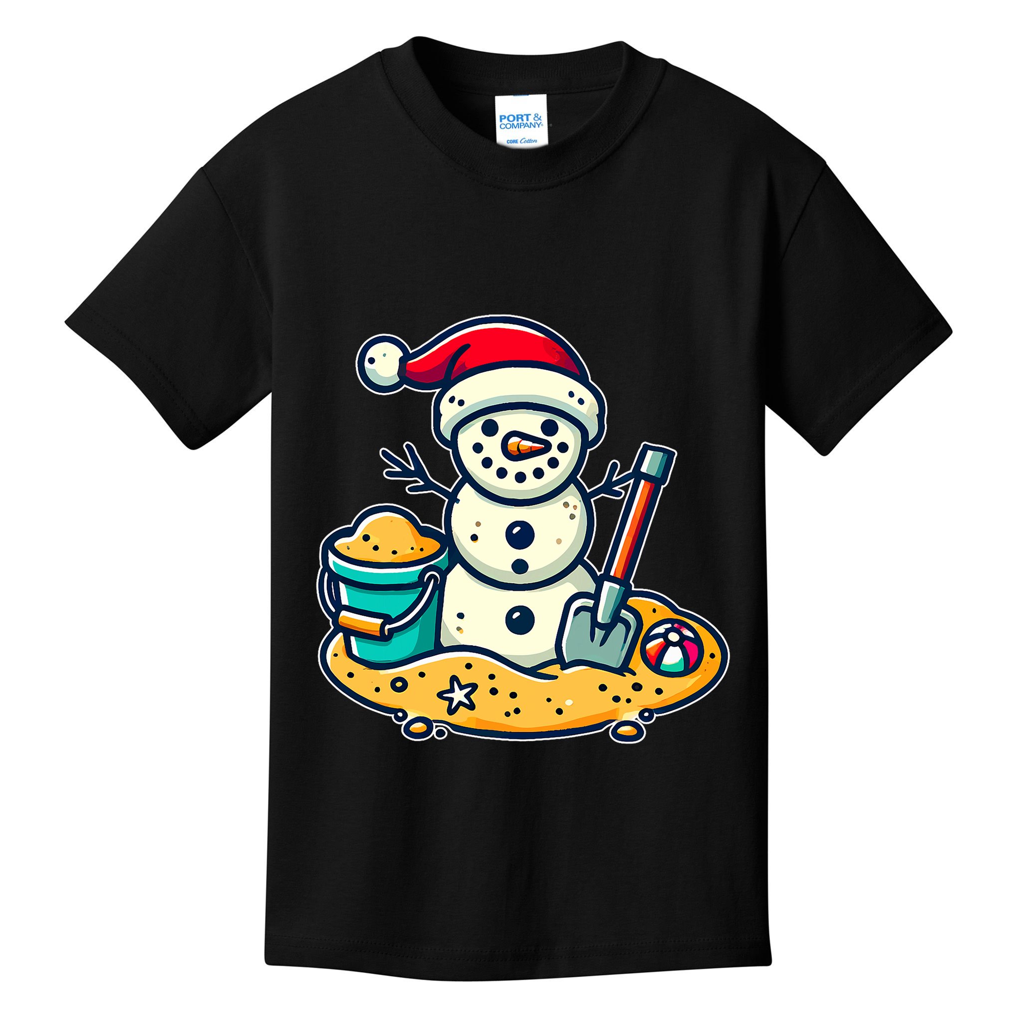 Christmas In July Sand Snowman Santa Hat Shovel Xmas Beach Kids T-Shirt