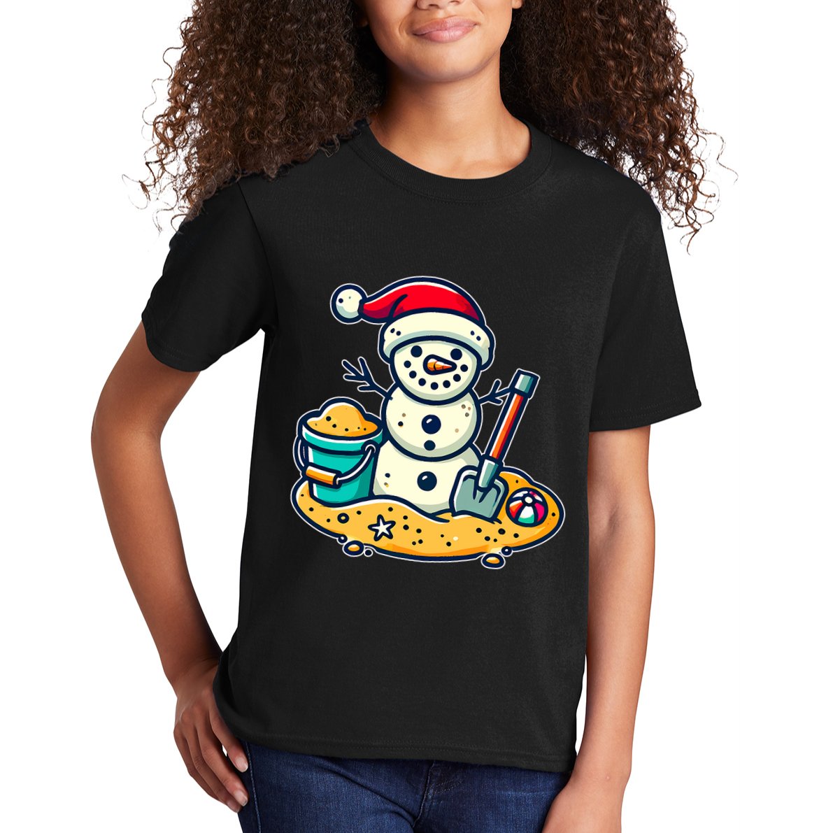Christmas In July Sand Snowman Santa Hat Shovel Xmas Beach Kids T-Shirt
