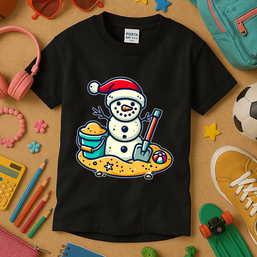 Christmas In July Sand Snowman Santa Hat Shovel Xmas Beach Kids T-Shirt