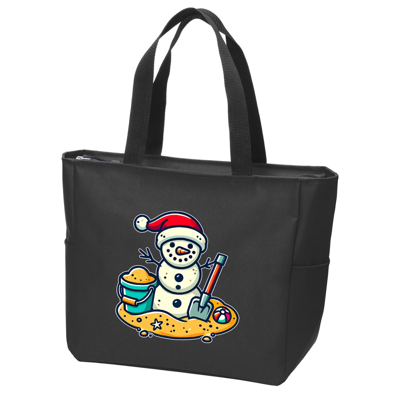 Christmas In July Sand Snowman Santa Hat Shovel Xmas Beach Zip Tote Bag
