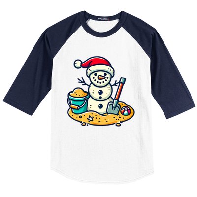 Christmas In July Sand Snowman Santa Hat Shovel Xmas Beach Baseball Sleeve Shirt