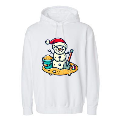 Christmas In July Sand Snowman Santa Hat Shovel Xmas Beach Garment-Dyed Fleece Hoodie