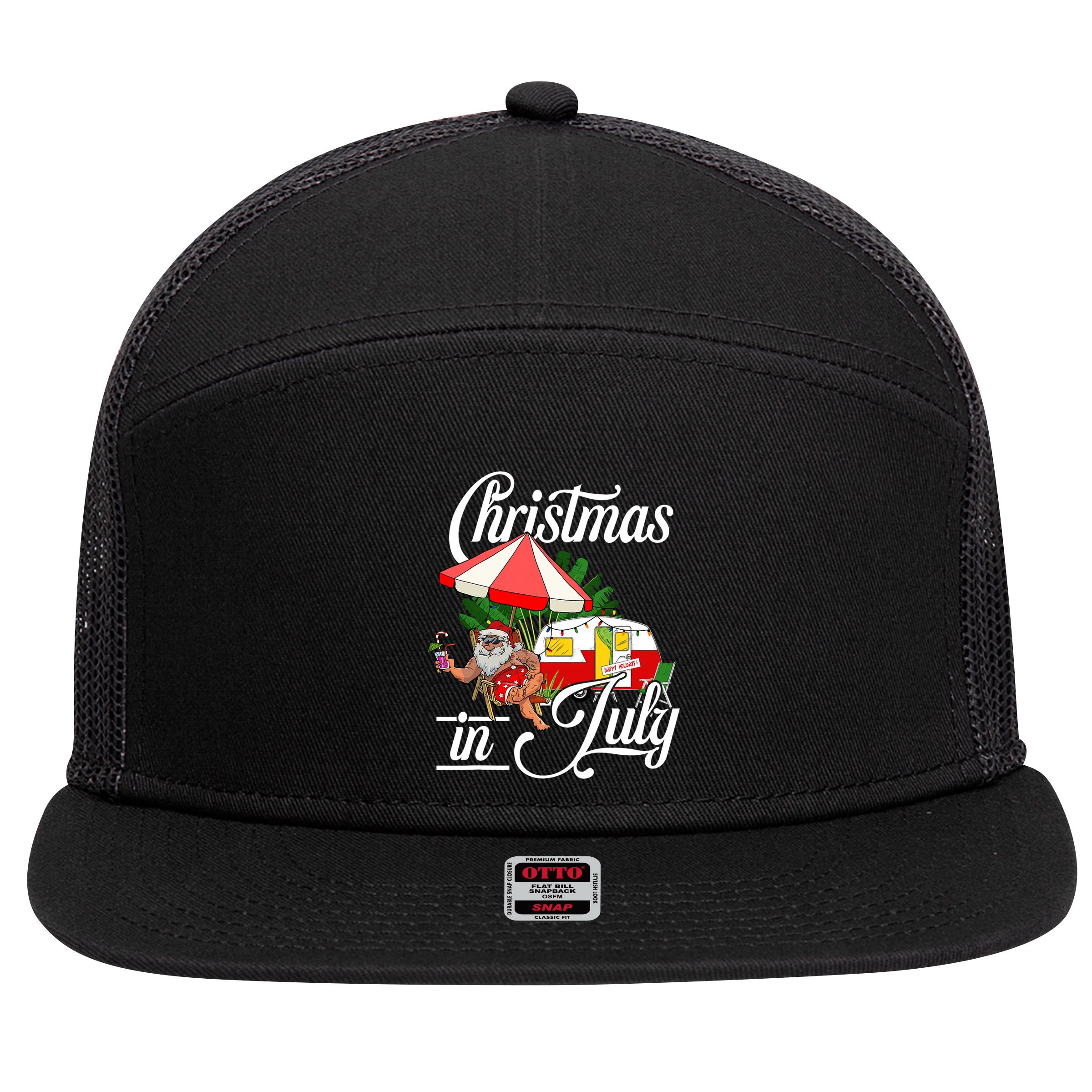Christmas In July Santa Camping Vacation Camper 7 Panel Mesh Trucker Snapback Hat