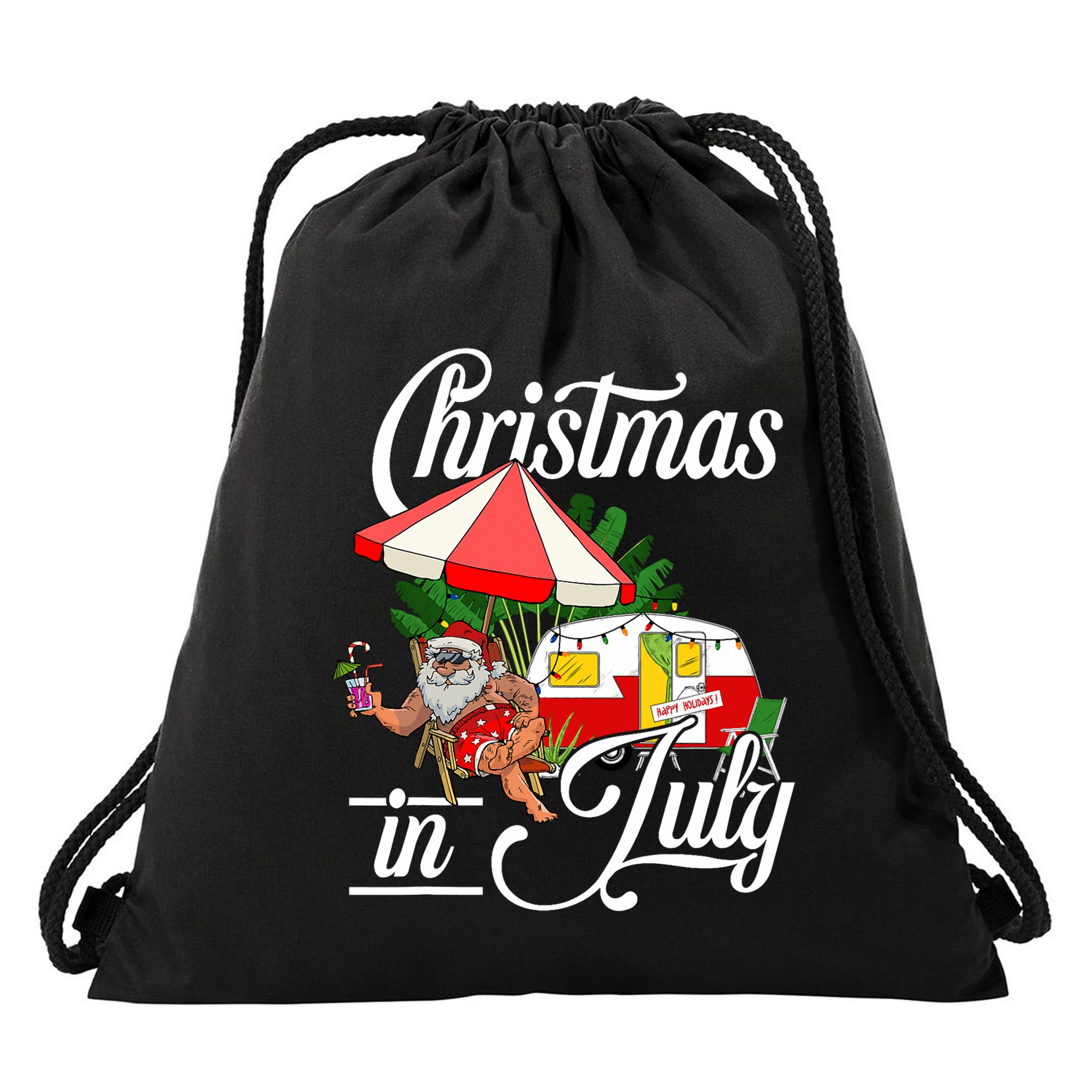 Christmas In July Santa Camping Vacation Camper Drawstring Bag