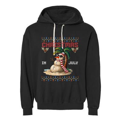 Christmas In July Santa Clause Snowman Beach Vacation Garment-Dyed Fleece Hoodie