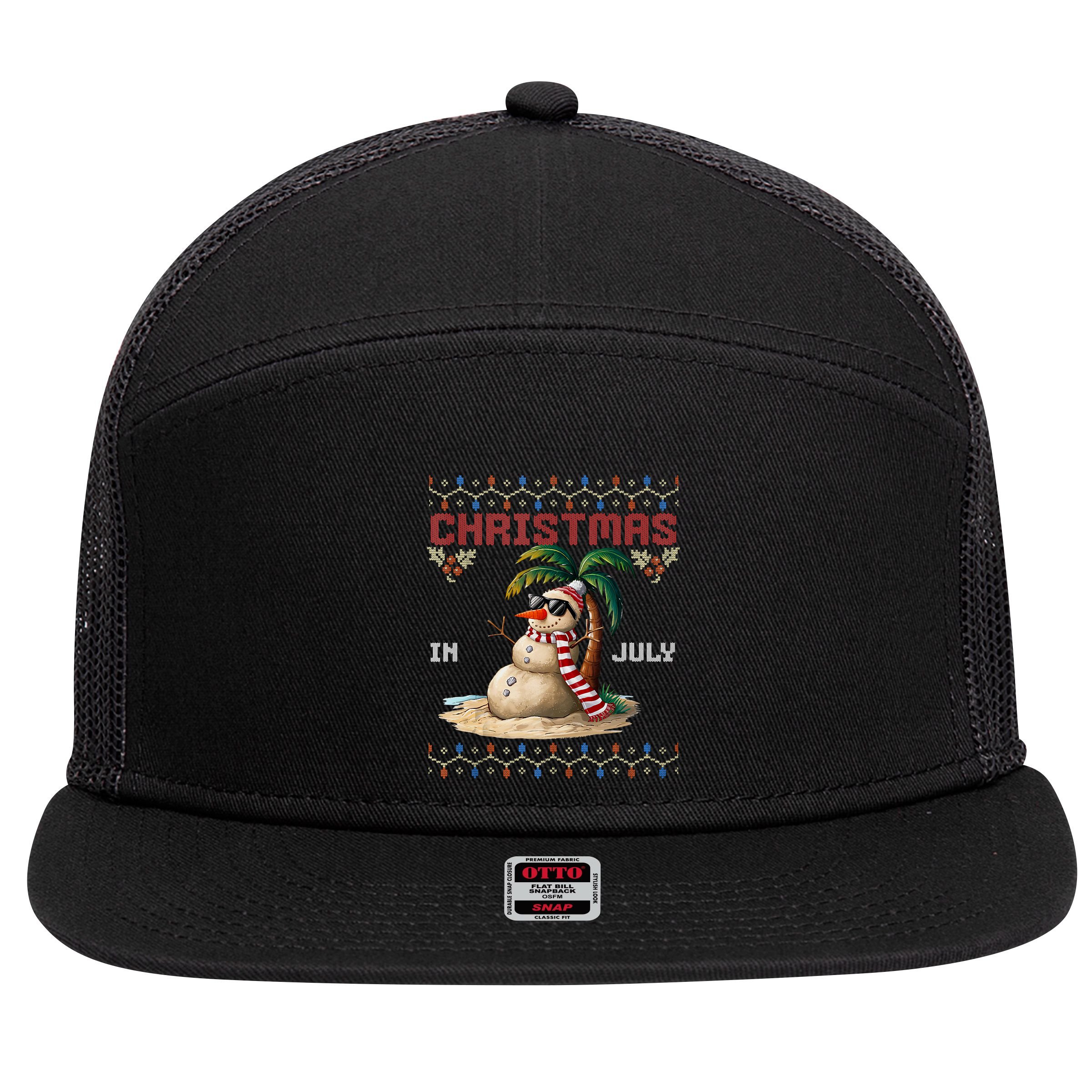 Christmas In July Santa Clause Snowman Beach Vacation 7 Panel Mesh Trucker Snapback Hat