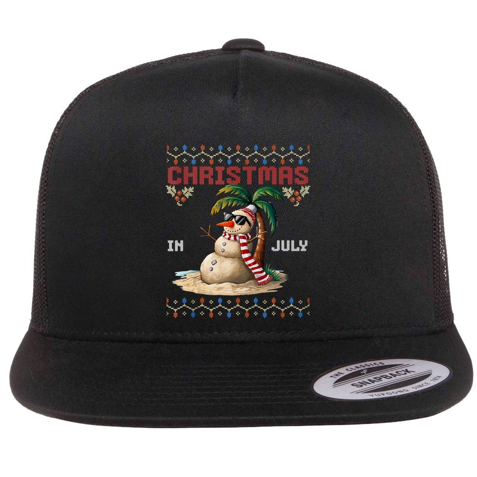Christmas In July Santa Clause Snowman Beach Vacation Flat Bill Trucker Hat