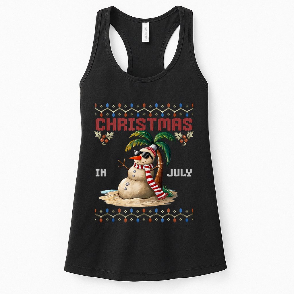 Christmas In July Santa Clause Snowman Beach Vacation Womens Tank Top