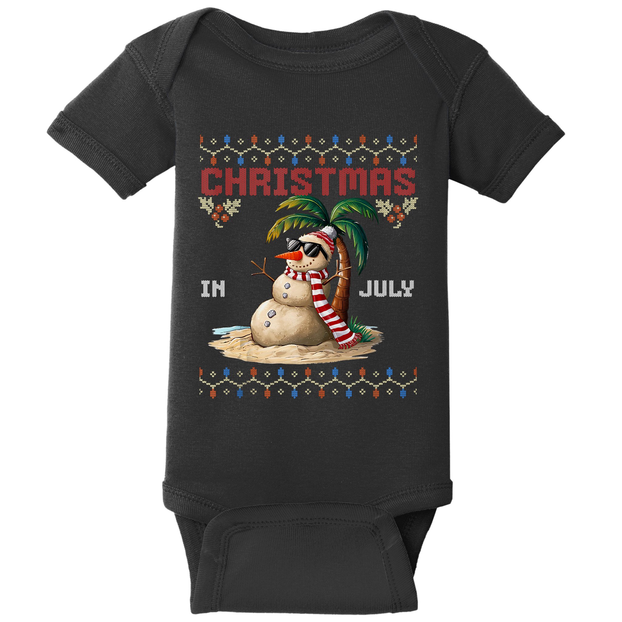 Christmas In July Santa Clause Snowman Beach Vacation Baby Bodysuit