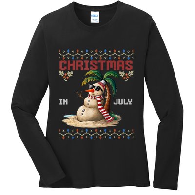 Christmas In July Santa Clause Snowman Beach Vacation Ladies Long Sleeve Shirt