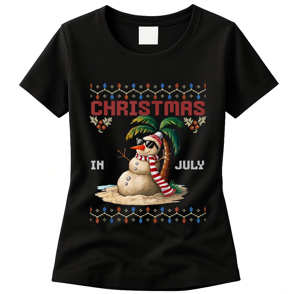 Christmas In July Santa Clause Snowman Beach Vacation Womens T-Shirt