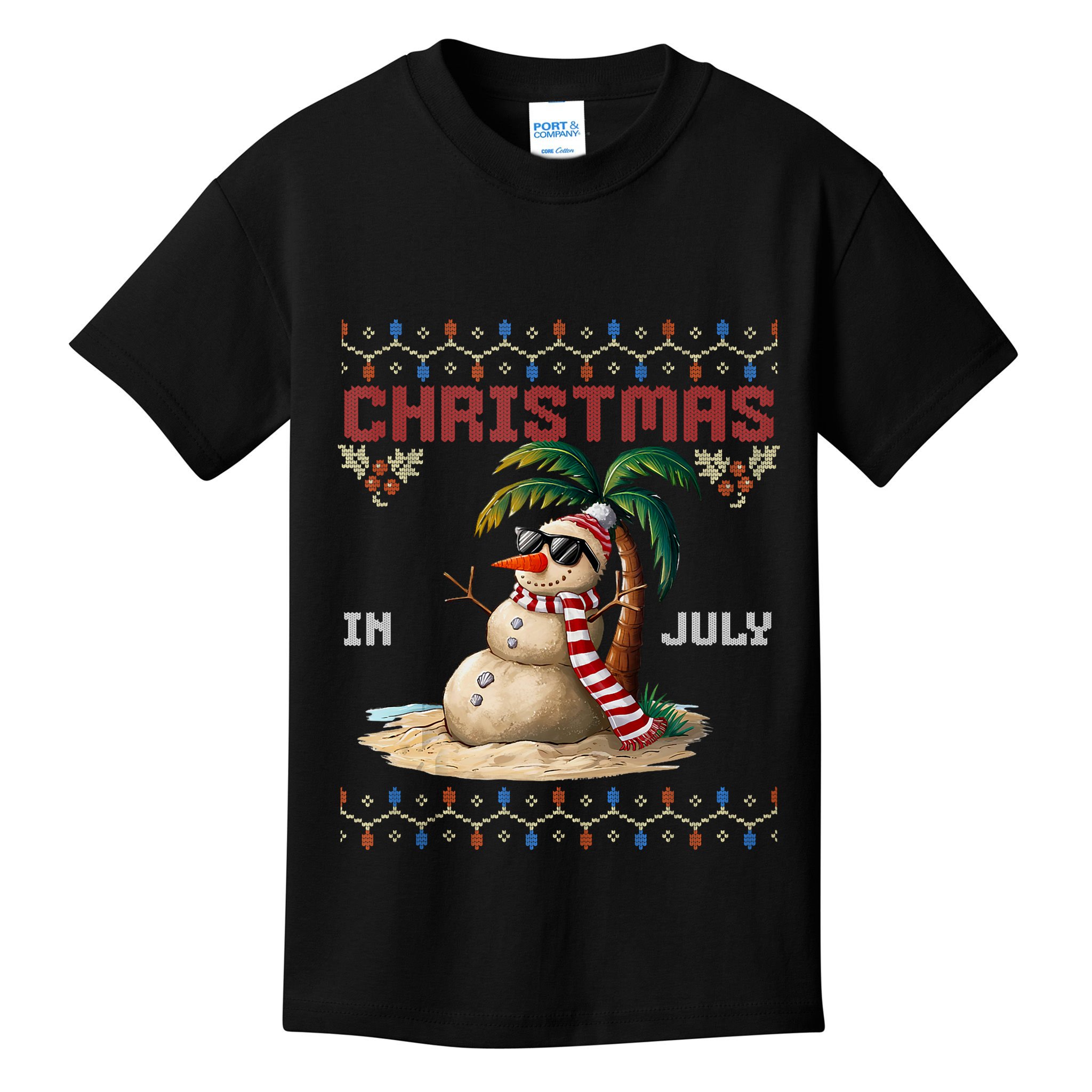 Christmas In July Santa Clause Snowman Beach Vacation Kids T-Shirt