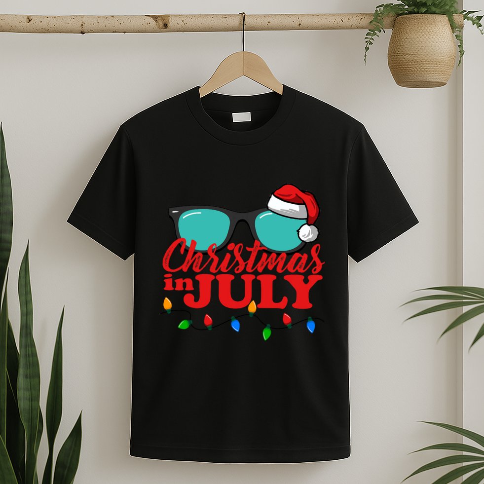 Christmas In July Santa Hat Sunglasses Summer Celebration T-Shirt