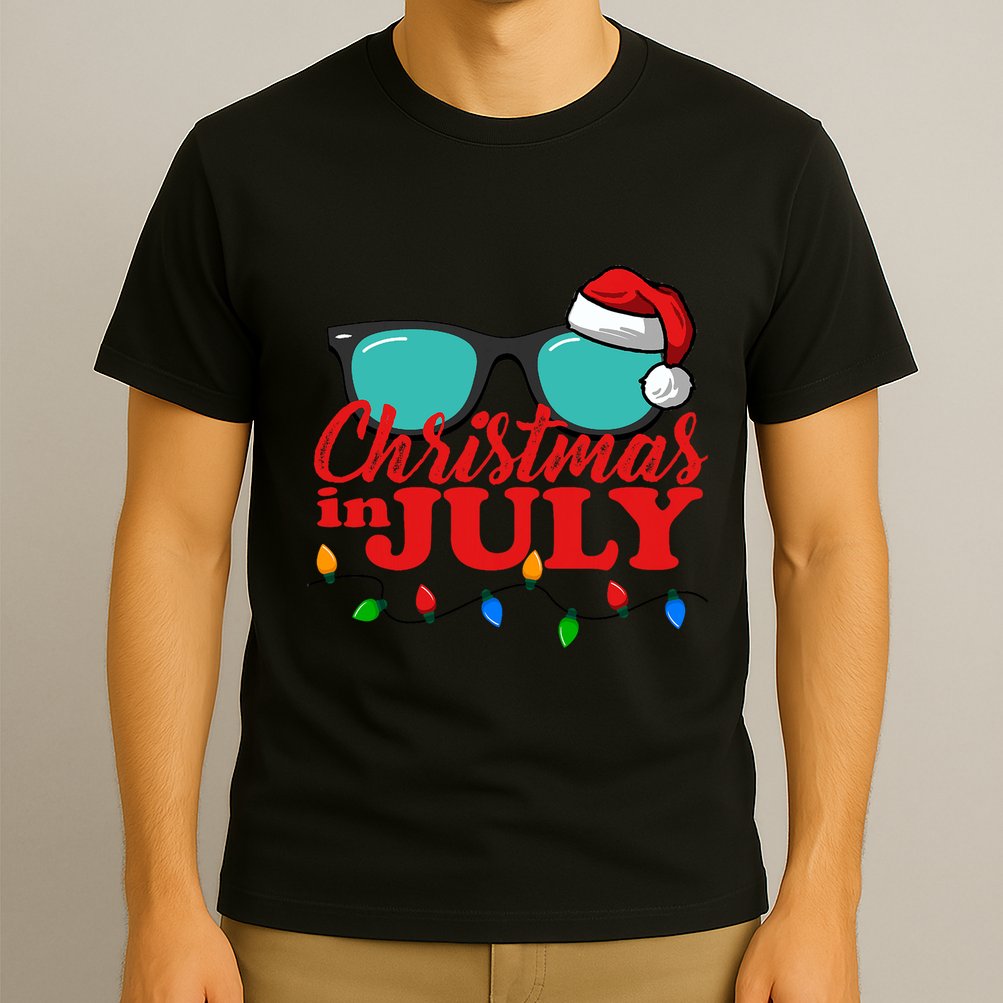 Christmas In July Santa Hat Sunglasses Summer Celebration T-Shirt