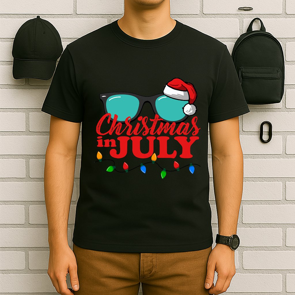 Christmas In July Santa Hat Sunglasses Summer Celebration T-Shirt