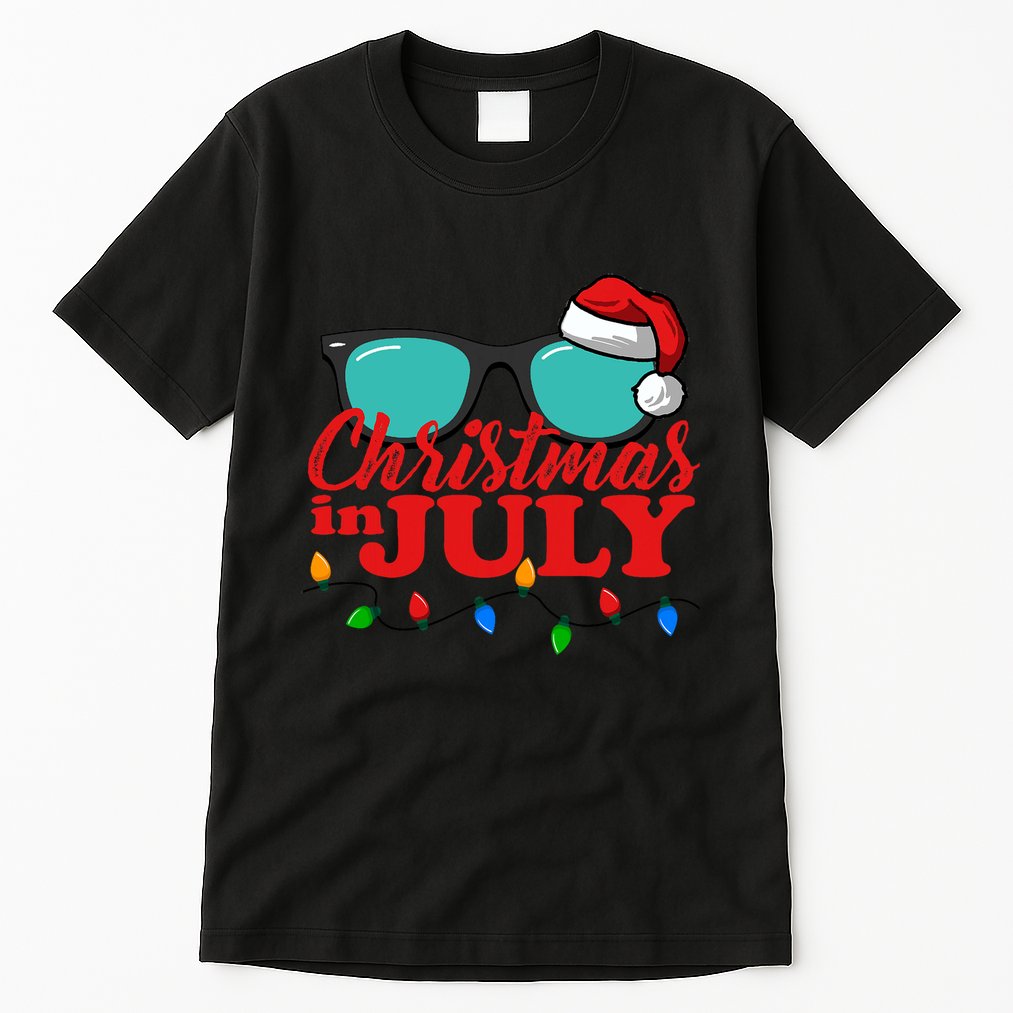 Christmas In July Santa Hat Sunglasses Summer Celebration Tall T-Shirt