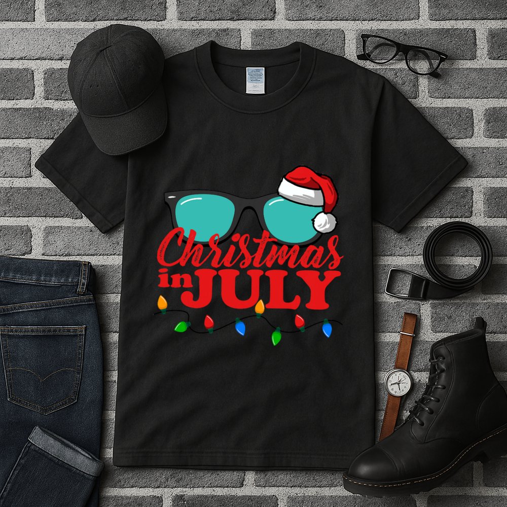 Christmas In July Santa Hat Sunglasses Summer Celebration Tall T-Shirt