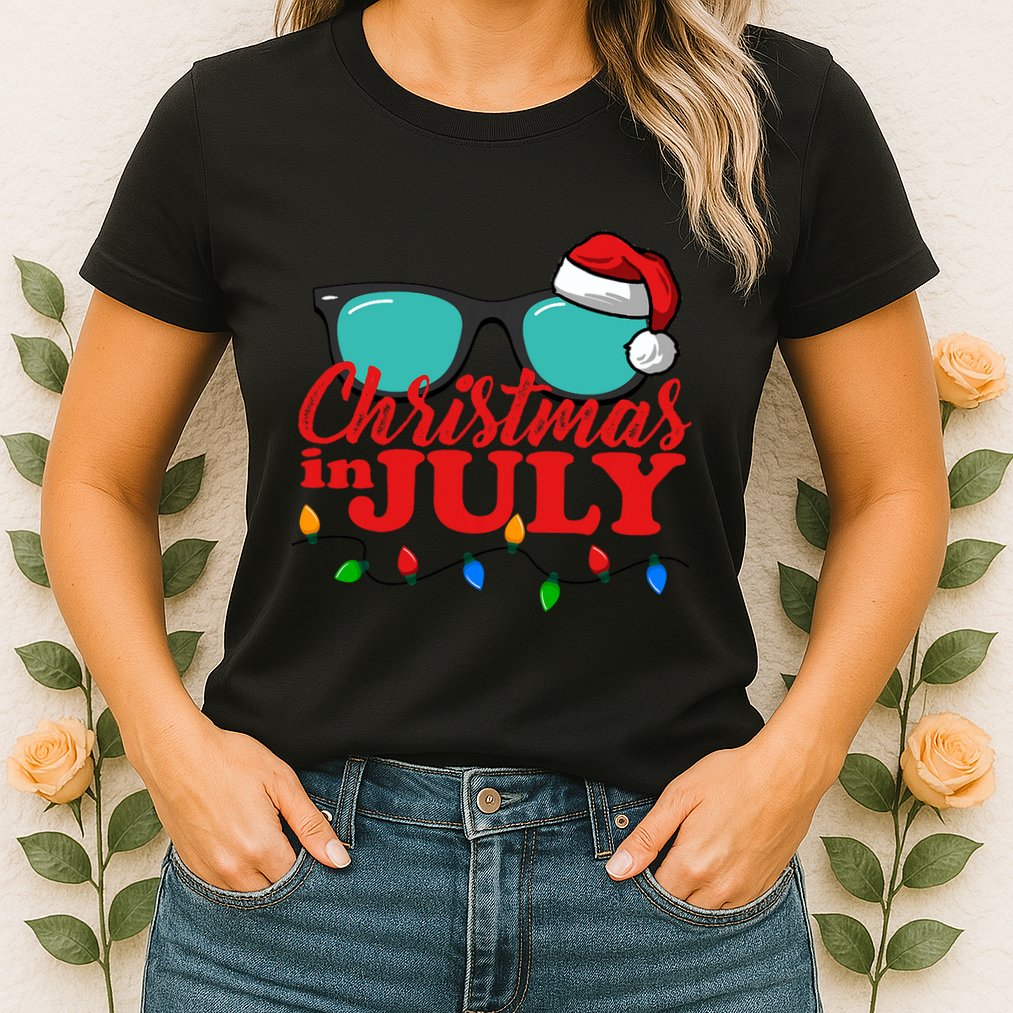Christmas In July Santa Hat Sunglasses Summer Celebration Womens T-Shirt