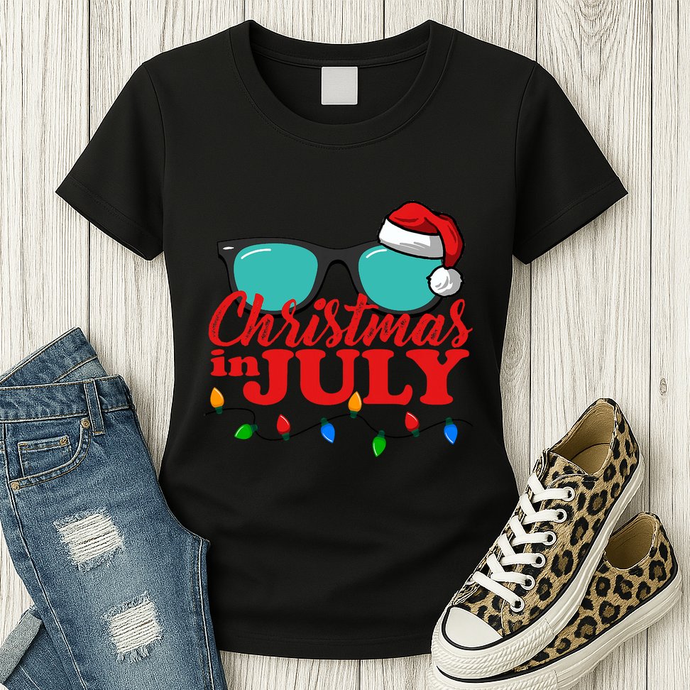 Christmas In July Santa Hat Sunglasses Summer Celebration Womens T-Shirt