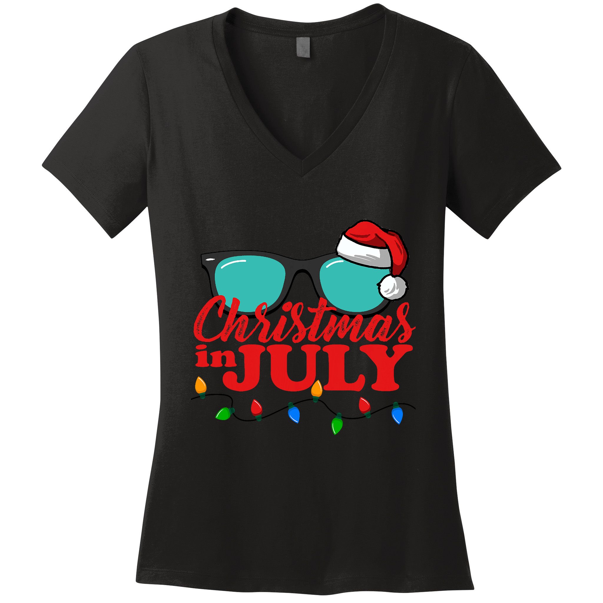 Christmas In July Santa Hat Sunglasses Summer Celebration Women's V-Neck T-Shirt