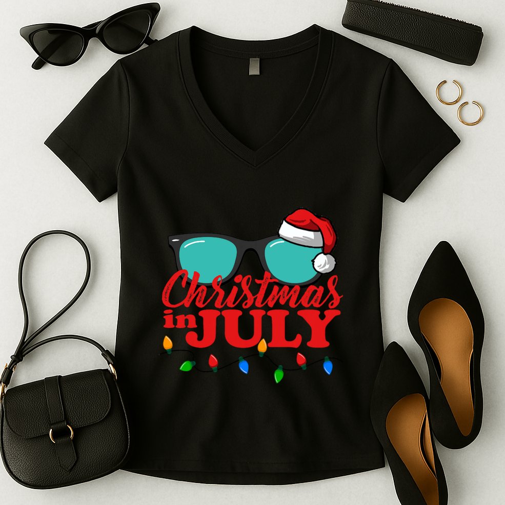 Christmas In July Santa Hat Sunglasses Summer Celebration Women's V-Neck T-Shirt