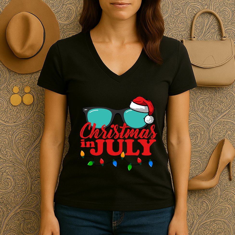 Christmas In July Santa Hat Sunglasses Summer Celebration Women's V-Neck T-Shirt