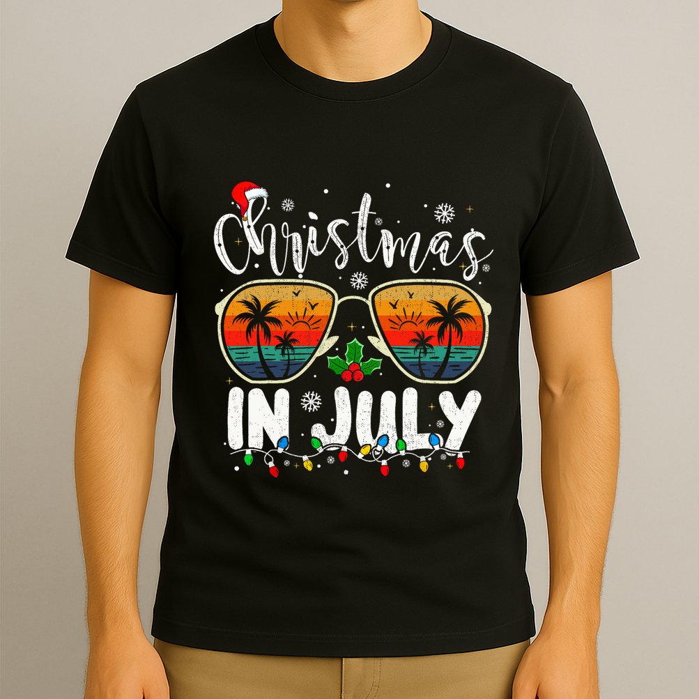 Christmas In July Santa Hat Sunglasses Summer Vacation Beach T-Shirt
