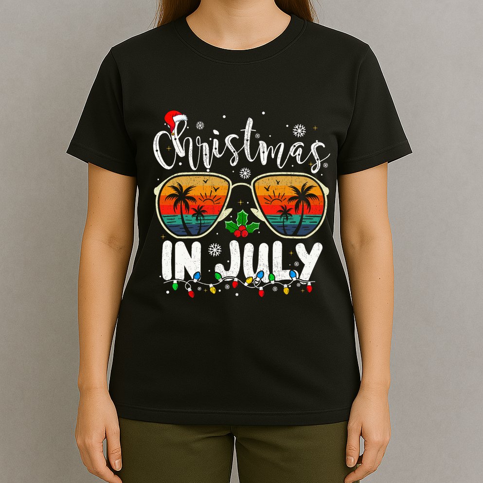 Christmas In July Santa Hat Sunglasses Summer Vacation Beach T-Shirt