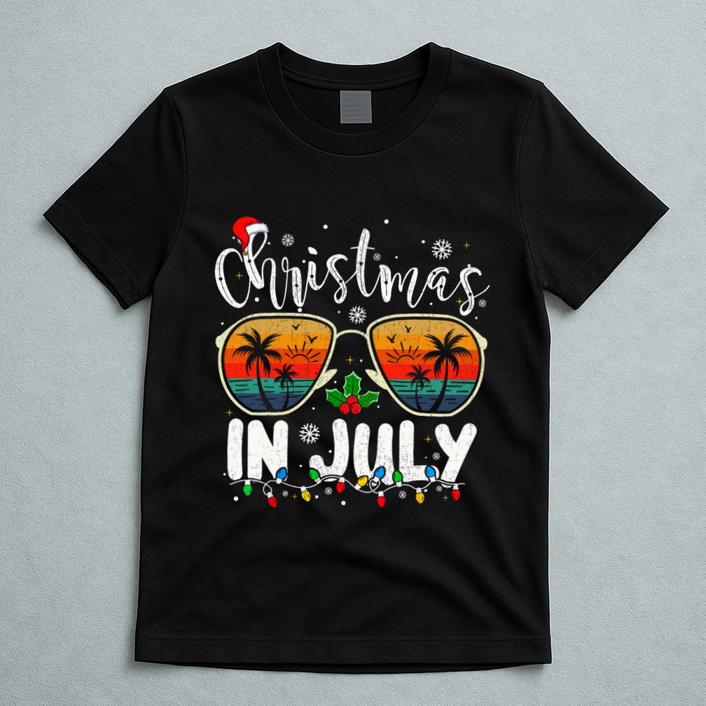 Christmas In July Santa Hat Sunglasses Summer Vacation Beach T-Shirt