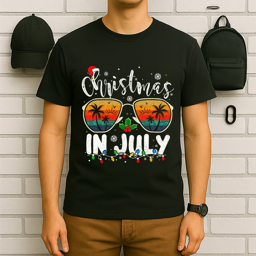 Christmas In July Santa Hat Sunglasses Summer Vacation Beach T-Shirt