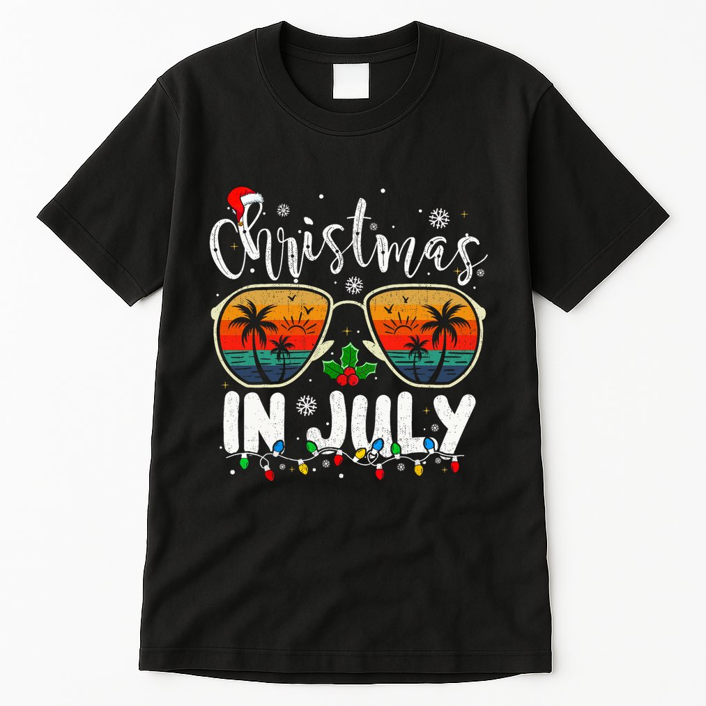 Christmas In July Santa Hat Sunglasses Summer Vacation Beach Tall T-Shirt