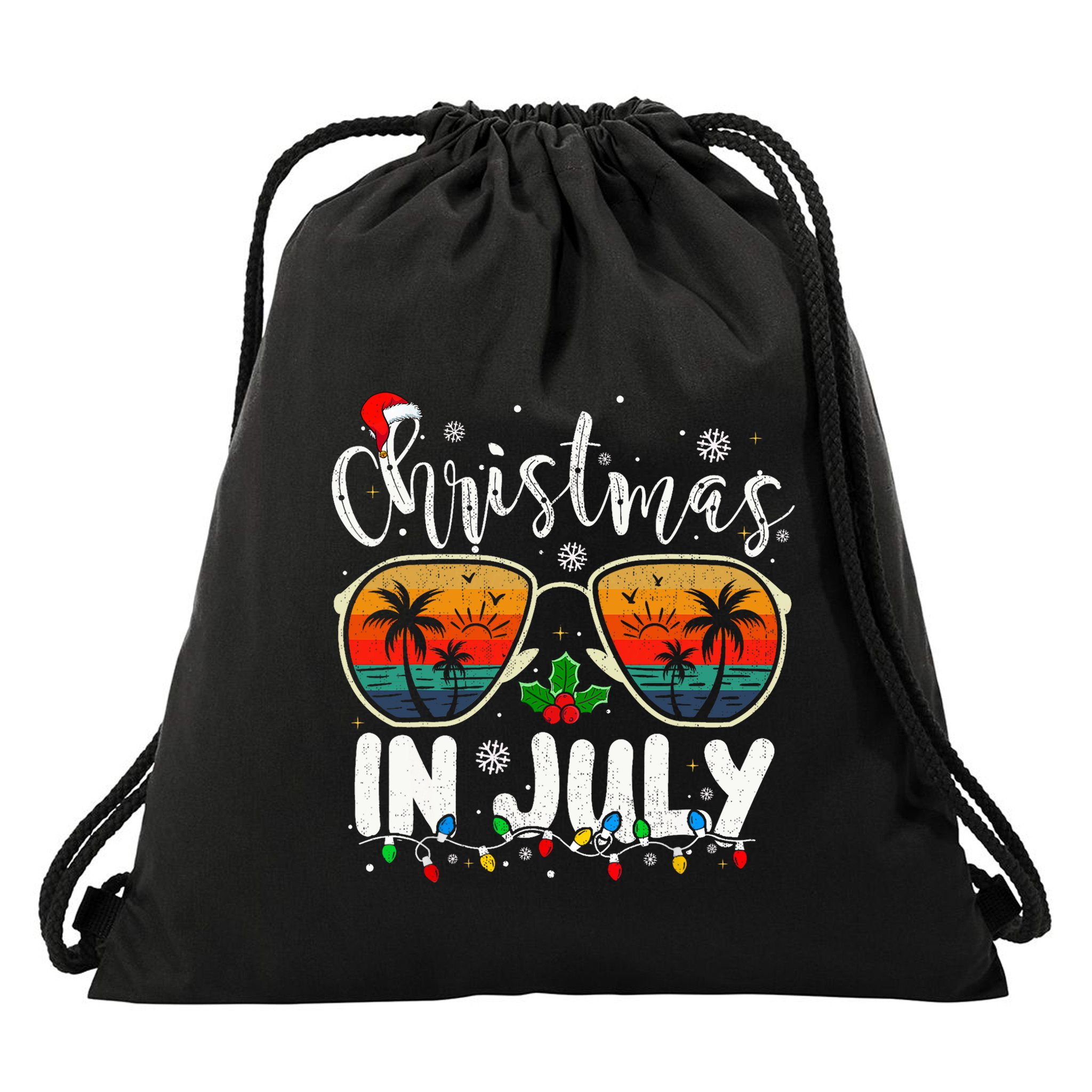 Christmas In July Santa Hat Sunglasses Summer Vacation Beach Drawstring Bag