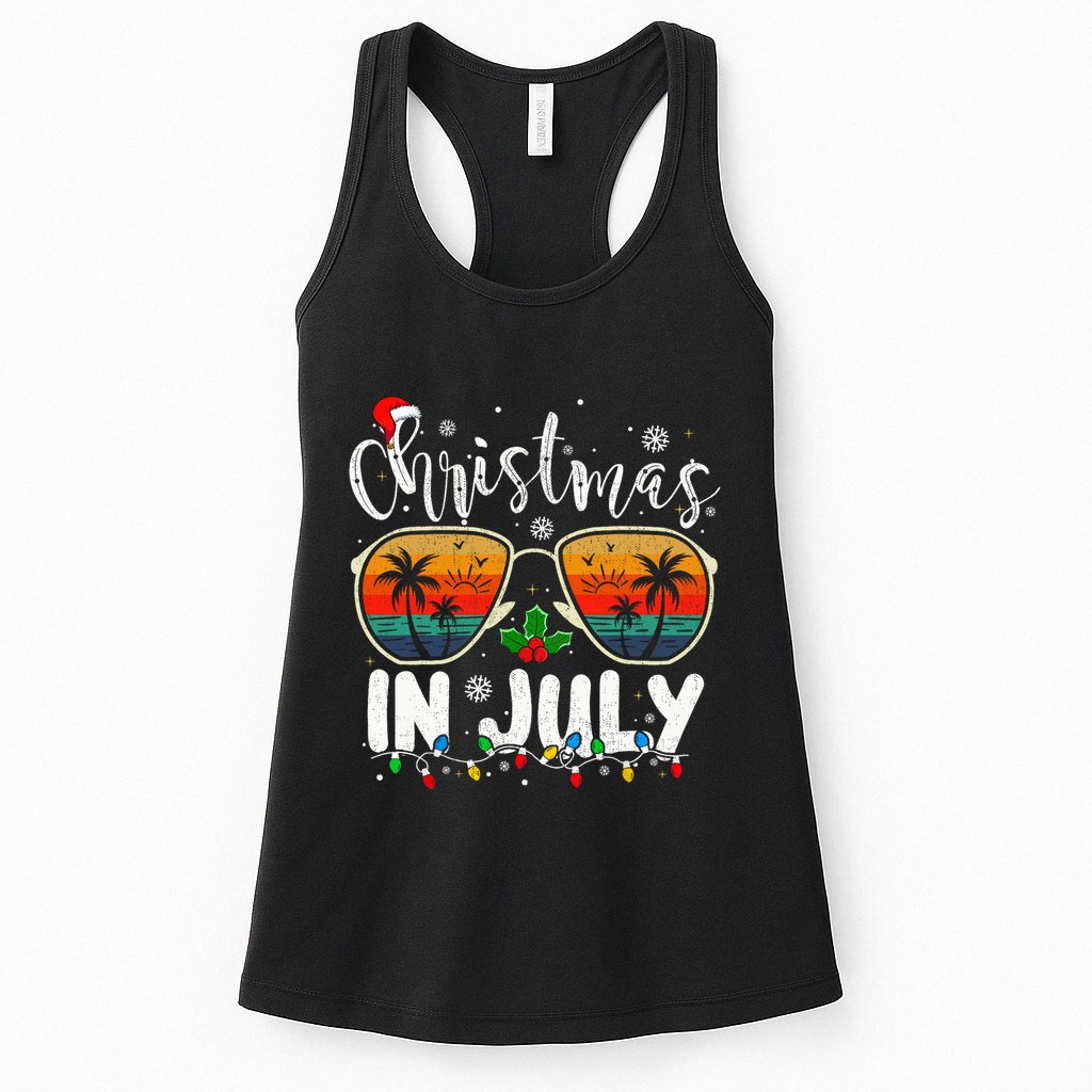 Christmas In July Santa Hat Sunglasses Summer Vacation Beach Womens Tank Top