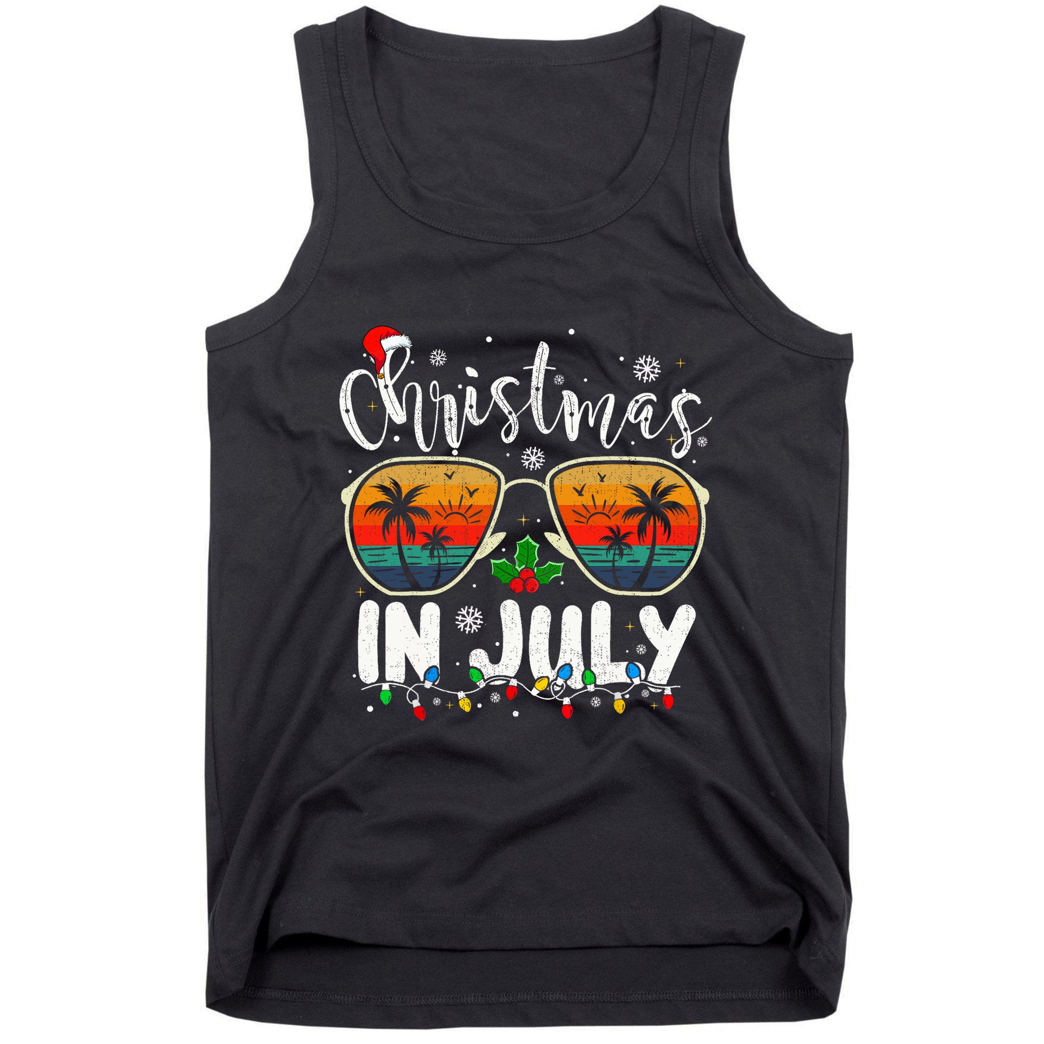 Christmas In July Santa Hat Sunglasses Summer Vacation Beach Tank Top