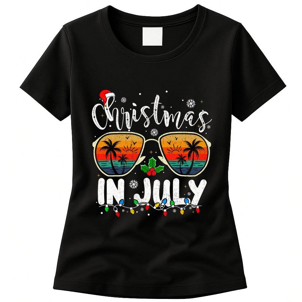 Christmas In July Santa Hat Sunglasses Summer Vacation Beach Womens T-Shirt