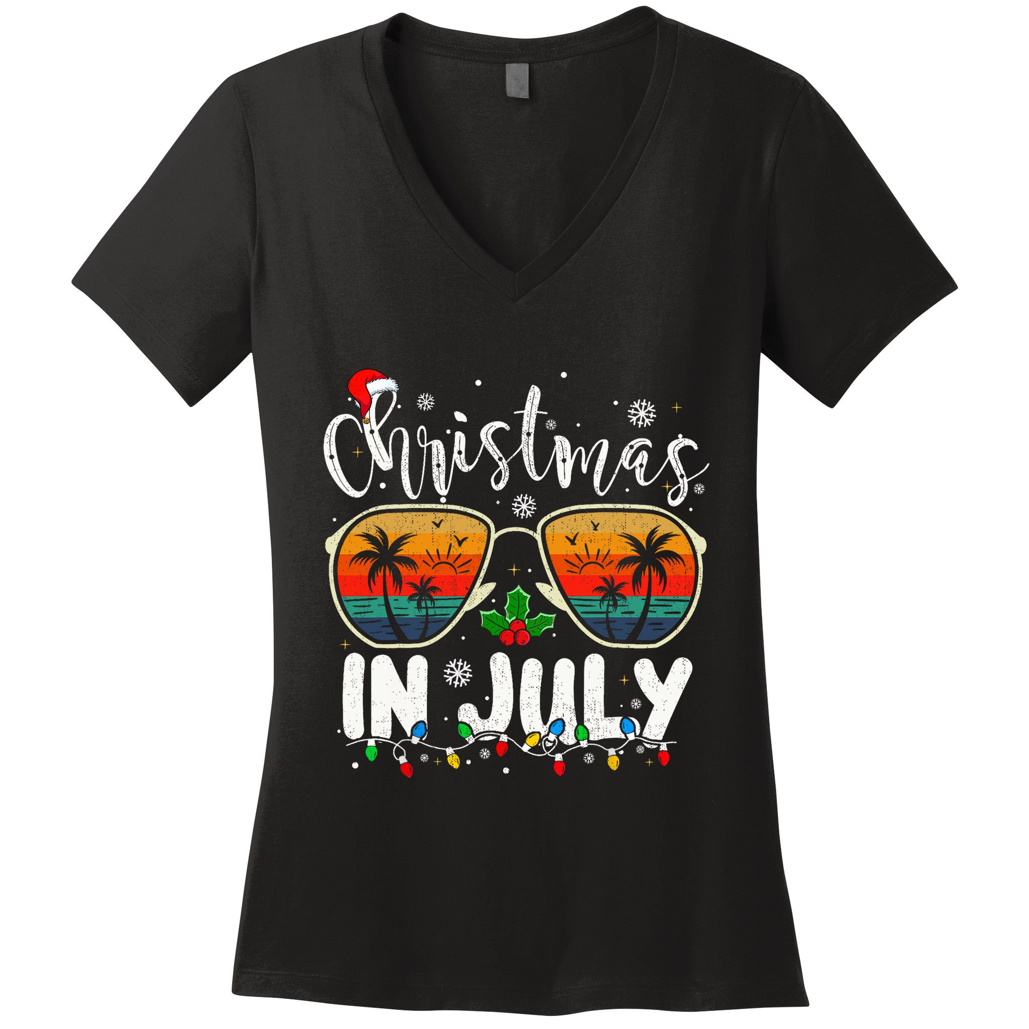 Christmas In July Santa Hat Sunglasses Summer Vacation Beach Women's V-Neck T-Shirt