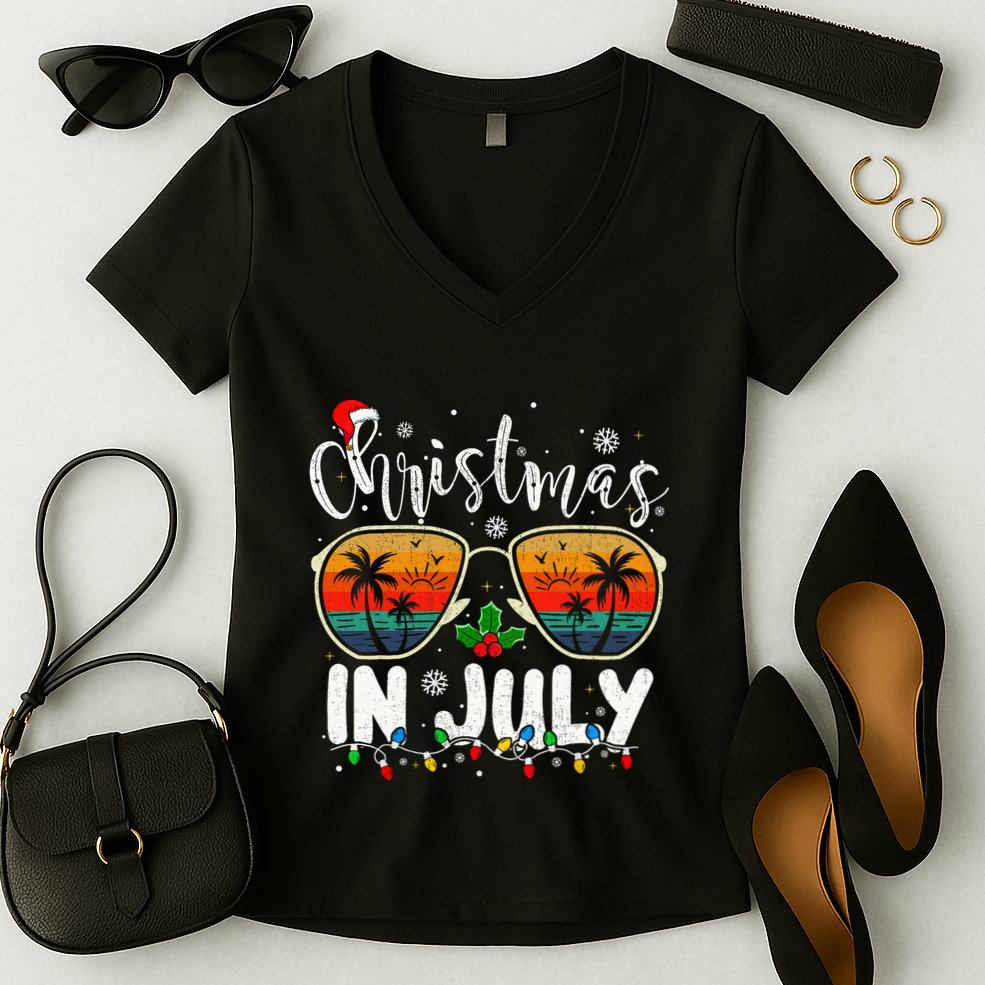 Christmas In July Santa Hat Sunglasses Summer Vacation Beach Women's V-Neck T-Shirt