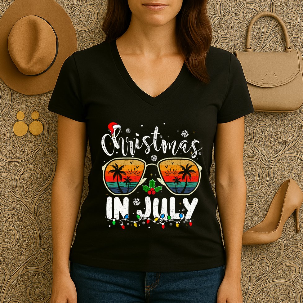 Christmas In July Santa Hat Sunglasses Summer Vacation Beach Women's V-Neck T-Shirt