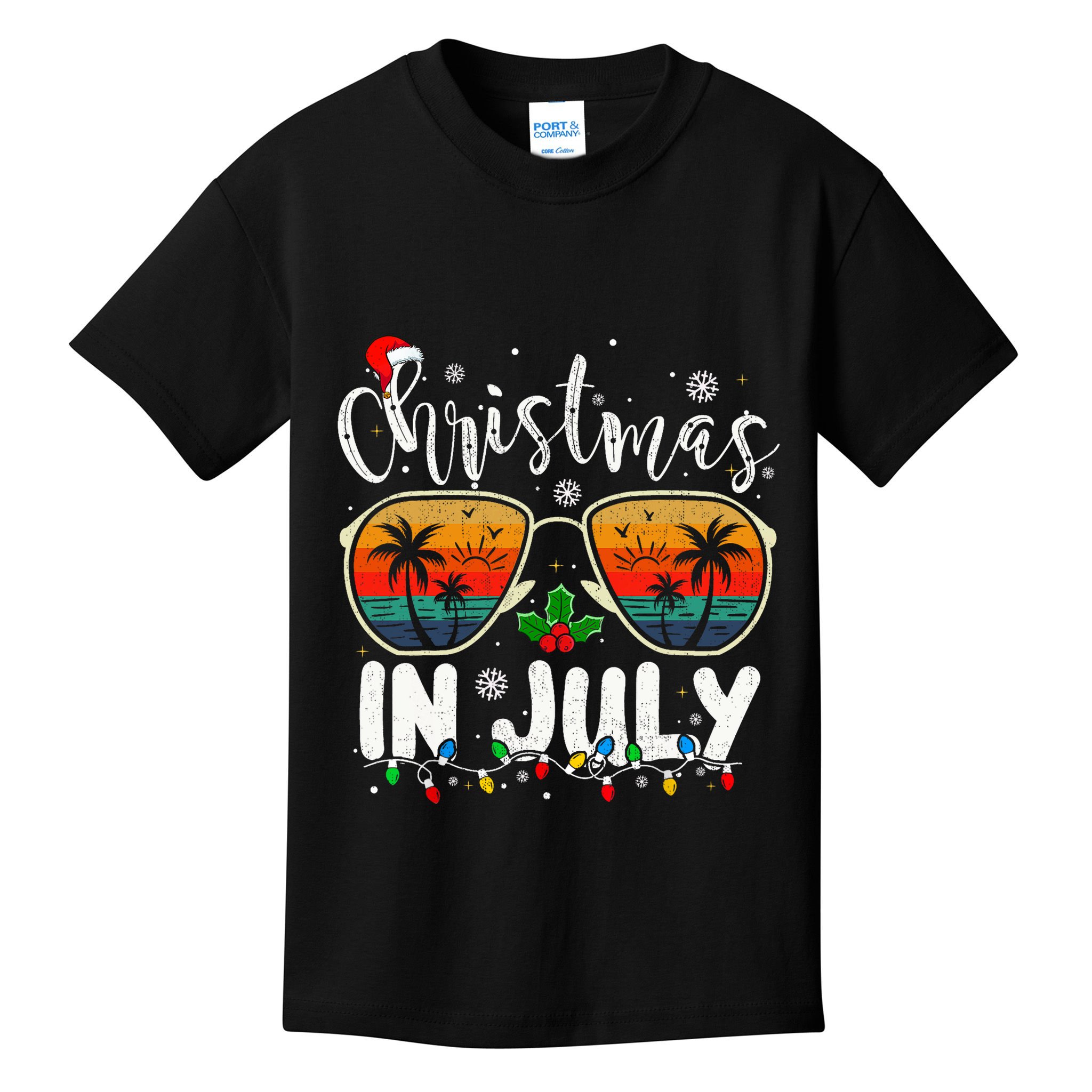 Christmas In July Santa Hat Sunglasses Summer Vacation Beach Kids T-Shirt