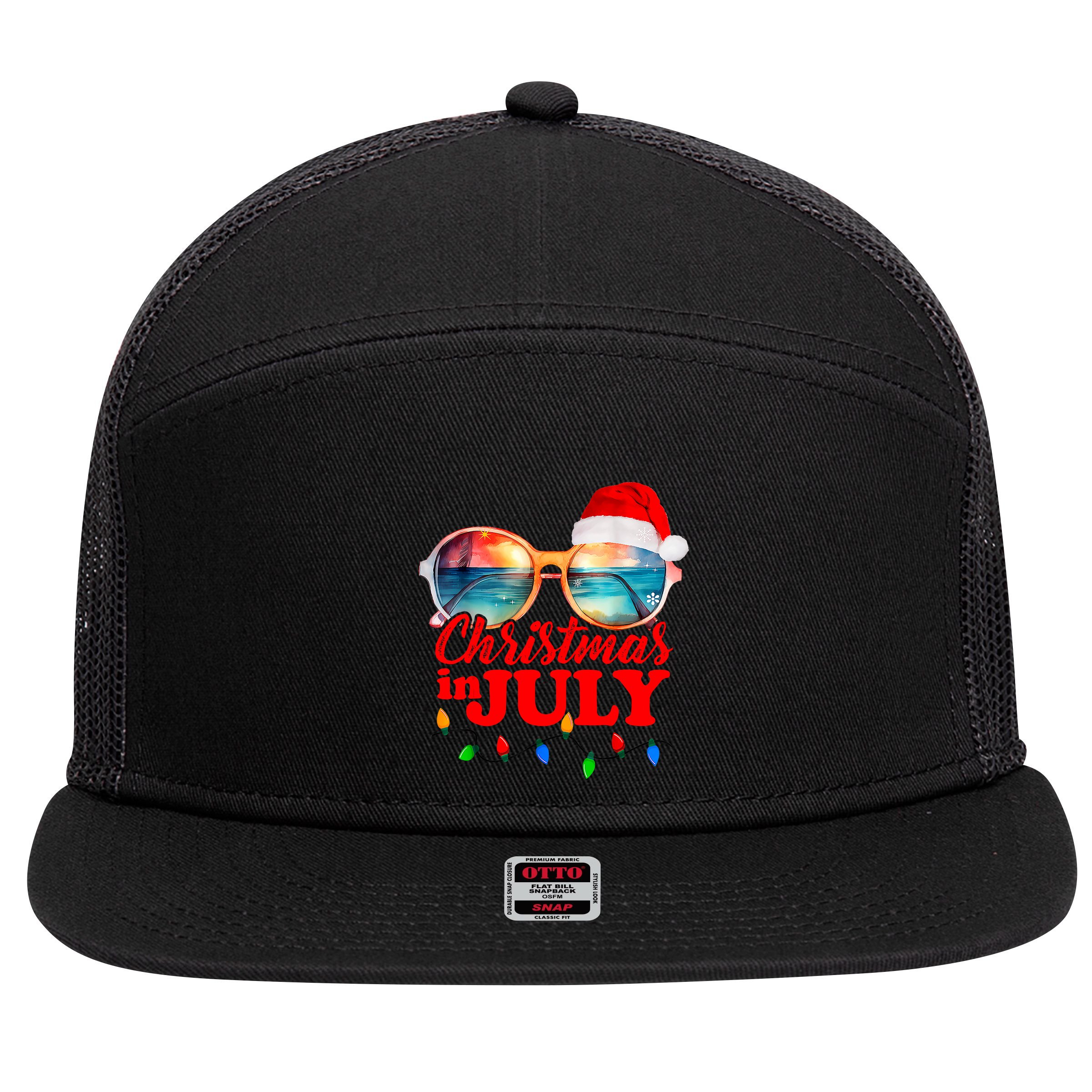 Christmas In July Santa Hat Sunglasses Summer Vacation Beach 7 Panel Mesh Trucker Snapback Hat