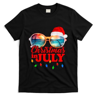 Christmas In July Santa Hat Sunglasses Summer Vacation Beach T-Shirt