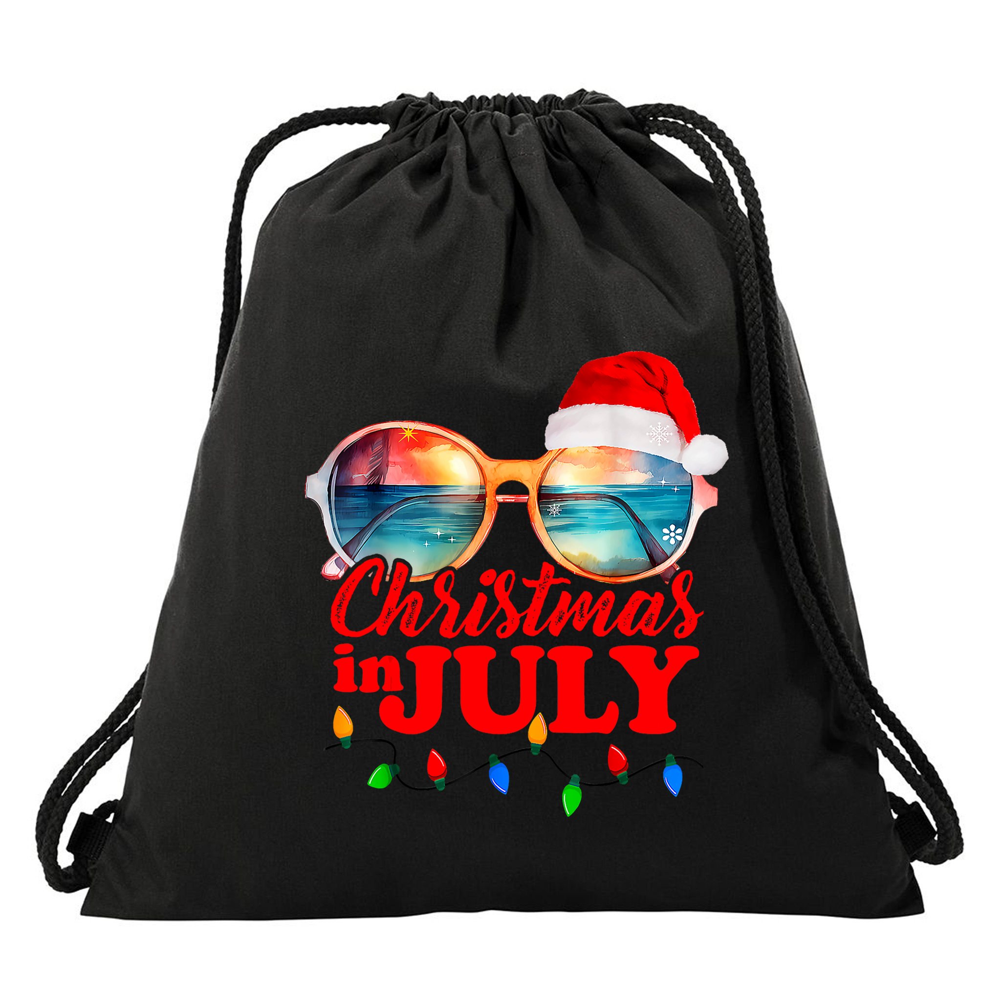 Christmas In July Santa Hat Sunglasses Summer Vacation Beach Drawstring Bag