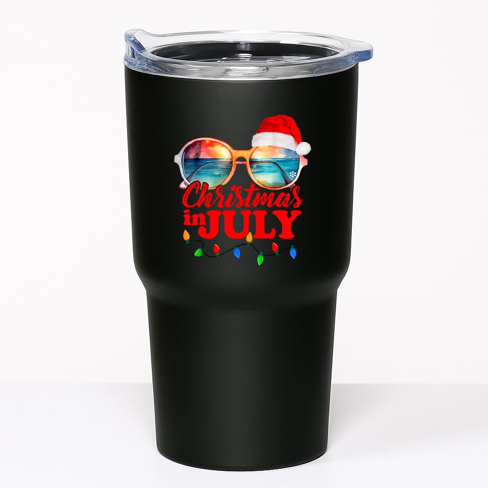 Christmas In July Santa Hat Sunglasses Summer Vacation Beach Tumbler