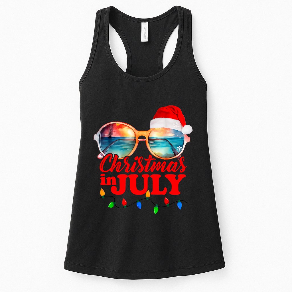 Christmas In July Santa Hat Sunglasses Summer Vacation Beach Womens Tank Top