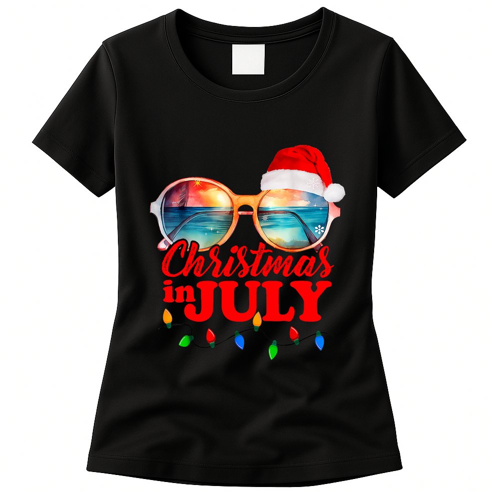 Christmas In July Santa Hat Sunglasses Summer Vacation Beach Womens T-Shirt