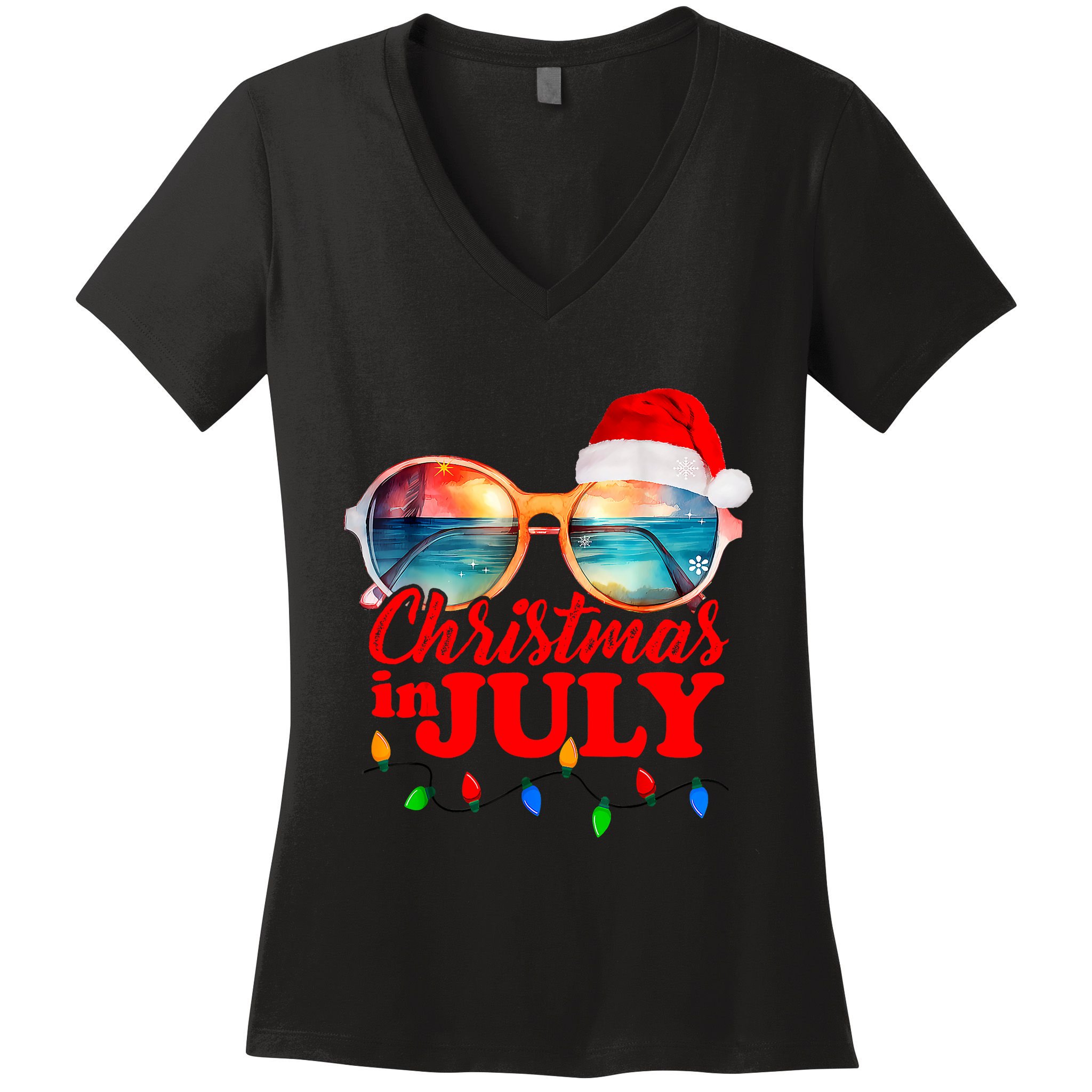 Christmas In July Santa Hat Sunglasses Summer Vacation Beach Women's V-Neck T-Shirt