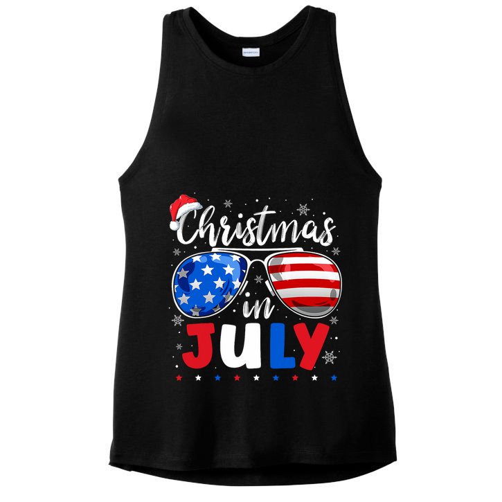 Christmas In July Santa Hat Sunglasses Usa Flag 4th Of July Ladies PosiCharge Tri-Blend Wicking Tank