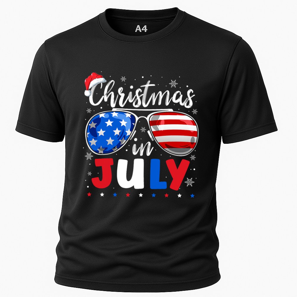 Christmas In July Santa Hat Sunglasses Usa Flag 4th Of July Performance Shirt