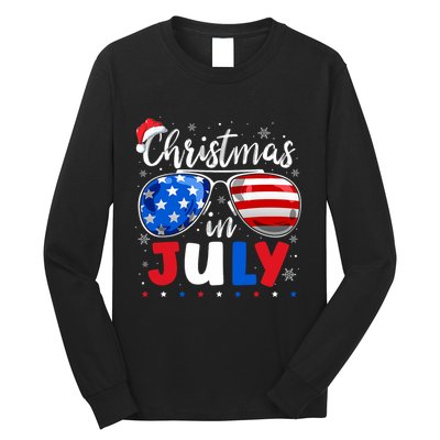 Christmas In July Santa Hat Sunglasses Usa Flag 4th Of July Long Sleeve Shirt